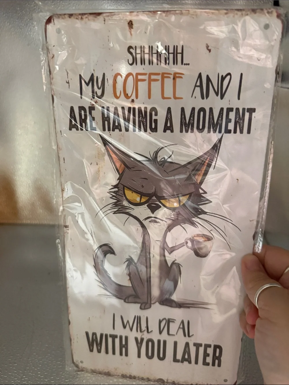 Coffee Cat Wall Sign - White Background with Brown Cat